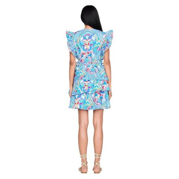Marie Oliver Genette Ruffle Wrap Mini Dress Blue Multi Print 2G14-138-205A XXS - Picture 2 of 5